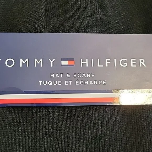 TOMMY HILFIGER 2-PIECE BLACK HAT AND SCARF SET, NEW!